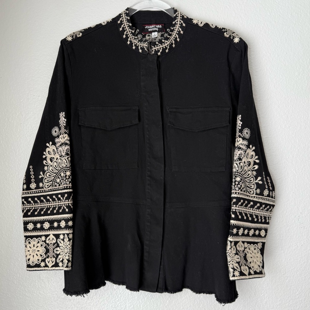 Johnny Was Workshop Marik Black Embroidered Peplum Military Jacket Raw Hem Small - Picture 4 of 14
